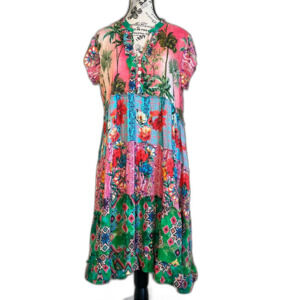 LULALIFE Hawaiian Floral Colorful Med Dress Pink Multi Boho Vacation Beach